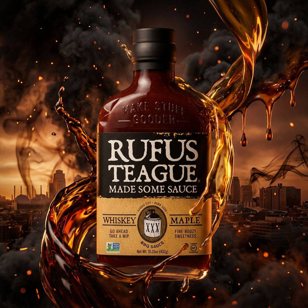 Sauce BBQ Rufus Teague Whiskey Maple, origine Kansas City USA, format bouteille, disponible sur My American Shop