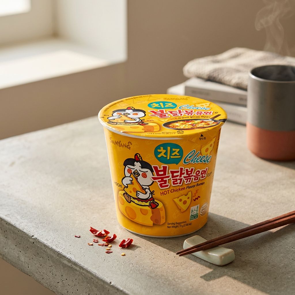 Samyang Buldak Ramen Small Cup Cheese, ramen coréen épicé fromage en cup, disponible sur My American Shop