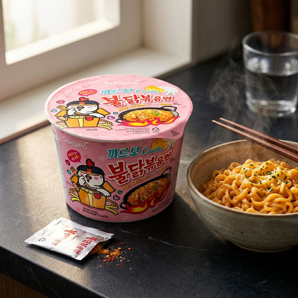 Samyang Ramen Bowl Hot Chicken Carbo Big, format généreux épicé crémeux carbonara, importé de Corée, disponible sur My American Shop
