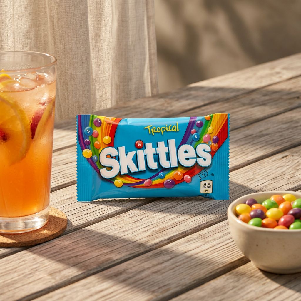 Skittles Tropical, bonbons fruités américains saveurs mangue ananas citron vert, sachet importé, disponible sur My American Shop