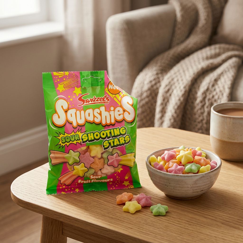 Swizzels Squashies Sour Fruit Shooting Stars, bonbons gélifiés acidulés britanniques en étoiles, disponible sur My American Shop