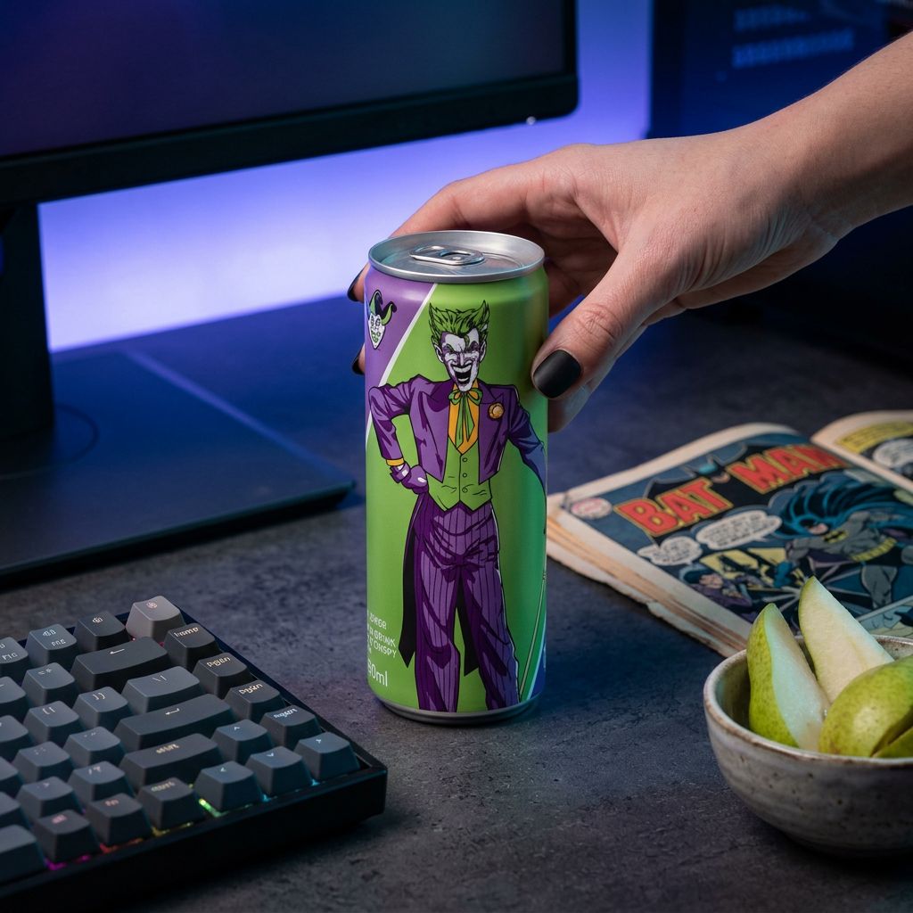 Canette The Joker Soda Sour Crispy Pear, soda américain saveur poire acidulée DC Comics, disponible sur My American Shop