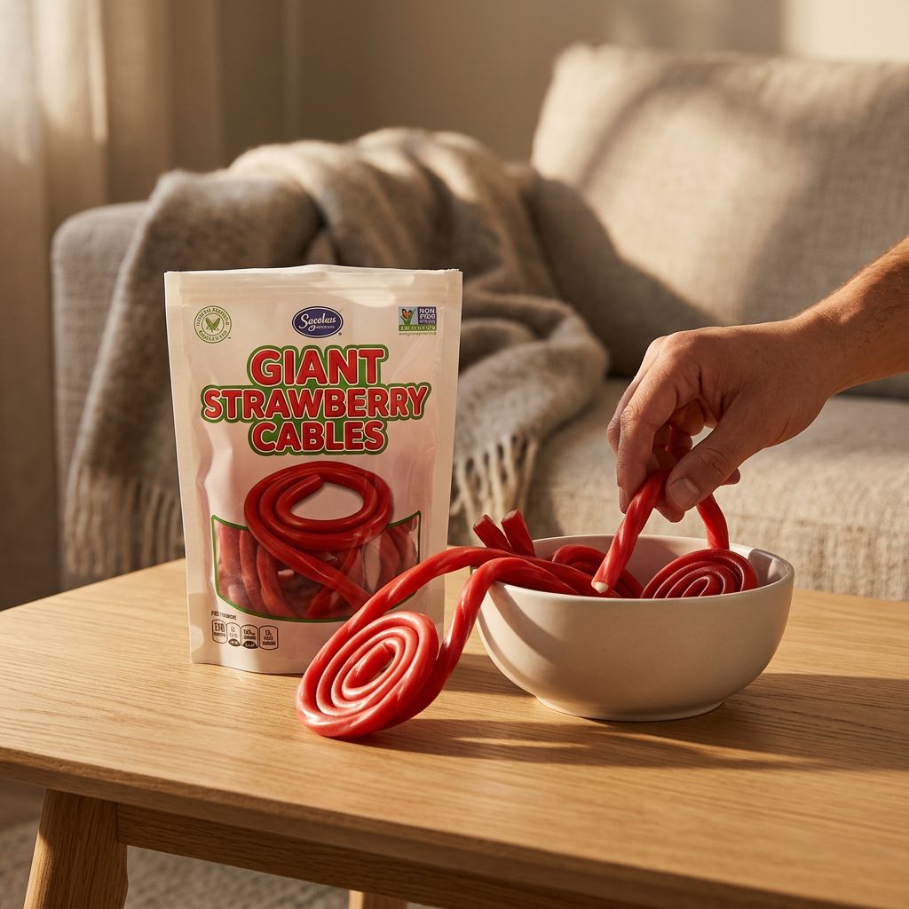 Vidal Giant Cable Strawberry, câble gélifié XXL fraise torsadé, confiserie espagnole, disponible sur My American Shop