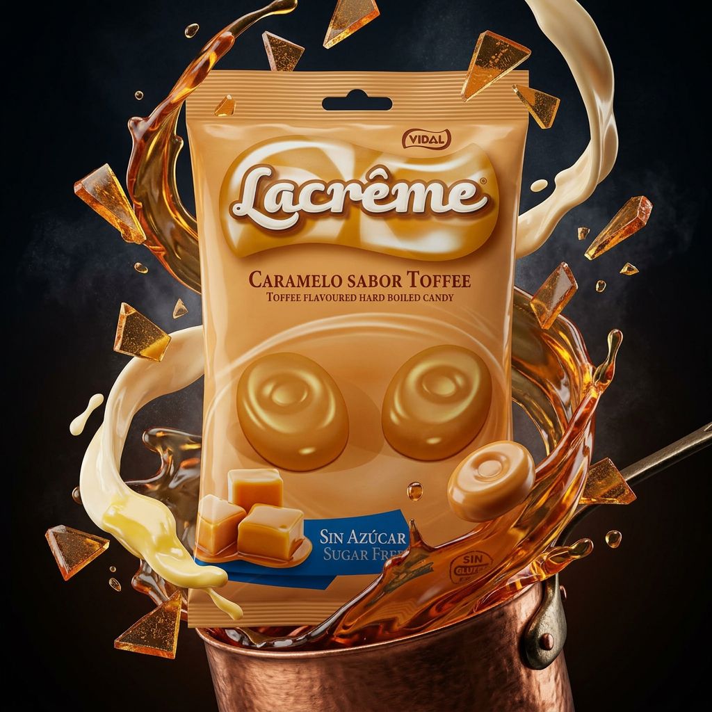 Vidal Hard Candy Toffee, bonbon dur caramel beurré édulcoré, format pocket, marque espagnole, disponible sur My American Shop