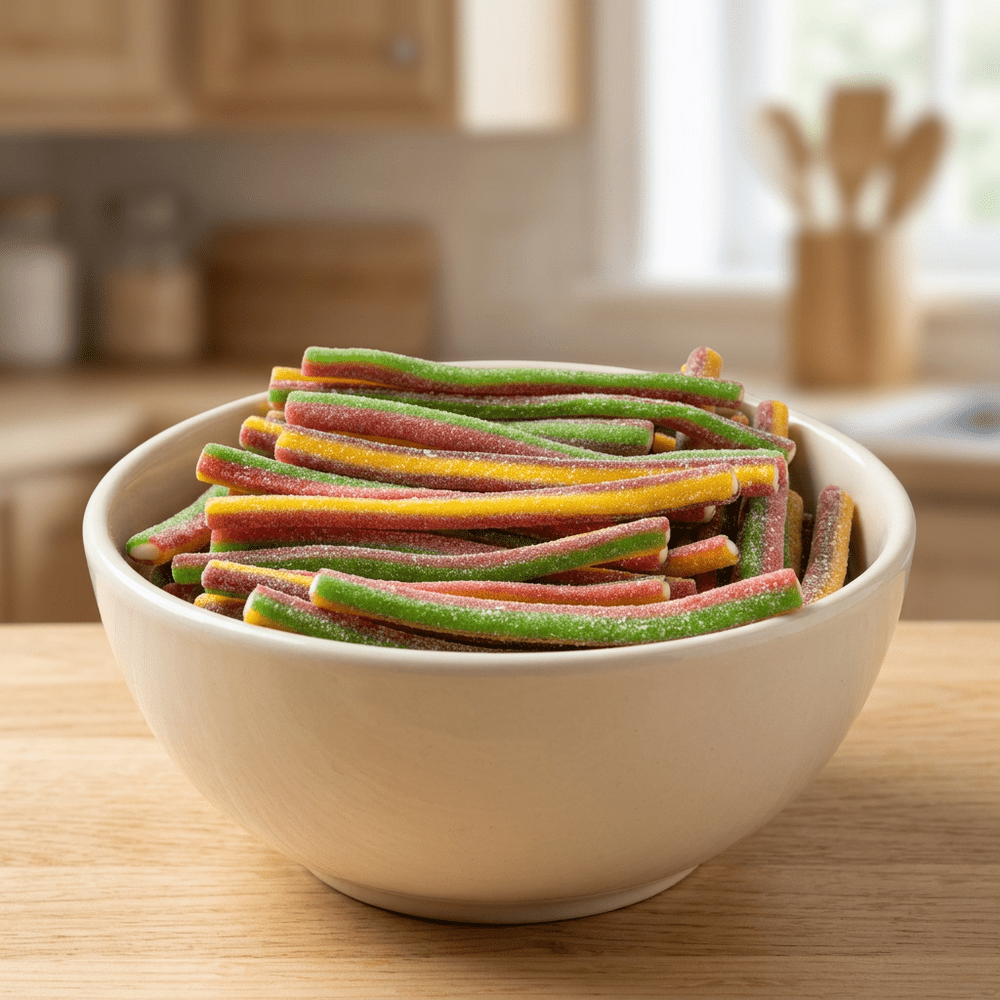 Bonbons Vidal Sour Pencils Rainbow Pick'n Mix présentés dans un bol | My American Shop