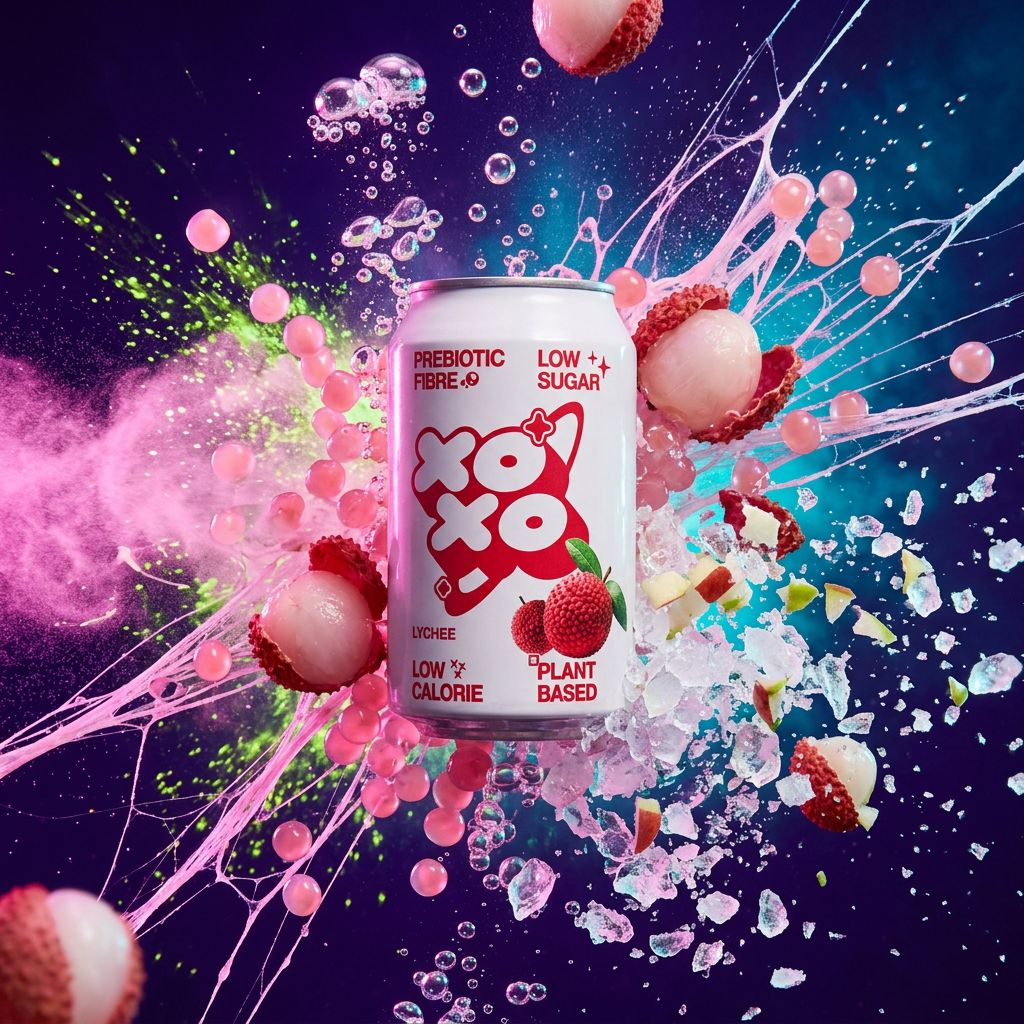 XOXO Soda Lychee, canette pétillante arôme litchi faible en calories, disponible sur My American Shop