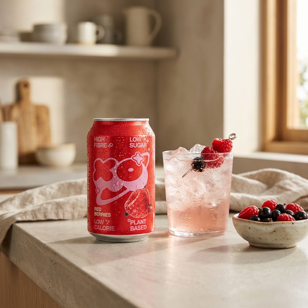 Canette XOXO Soda Red Berries, soda prébiotique fruits rouges américain 355ml, disponible sur My American Shop
