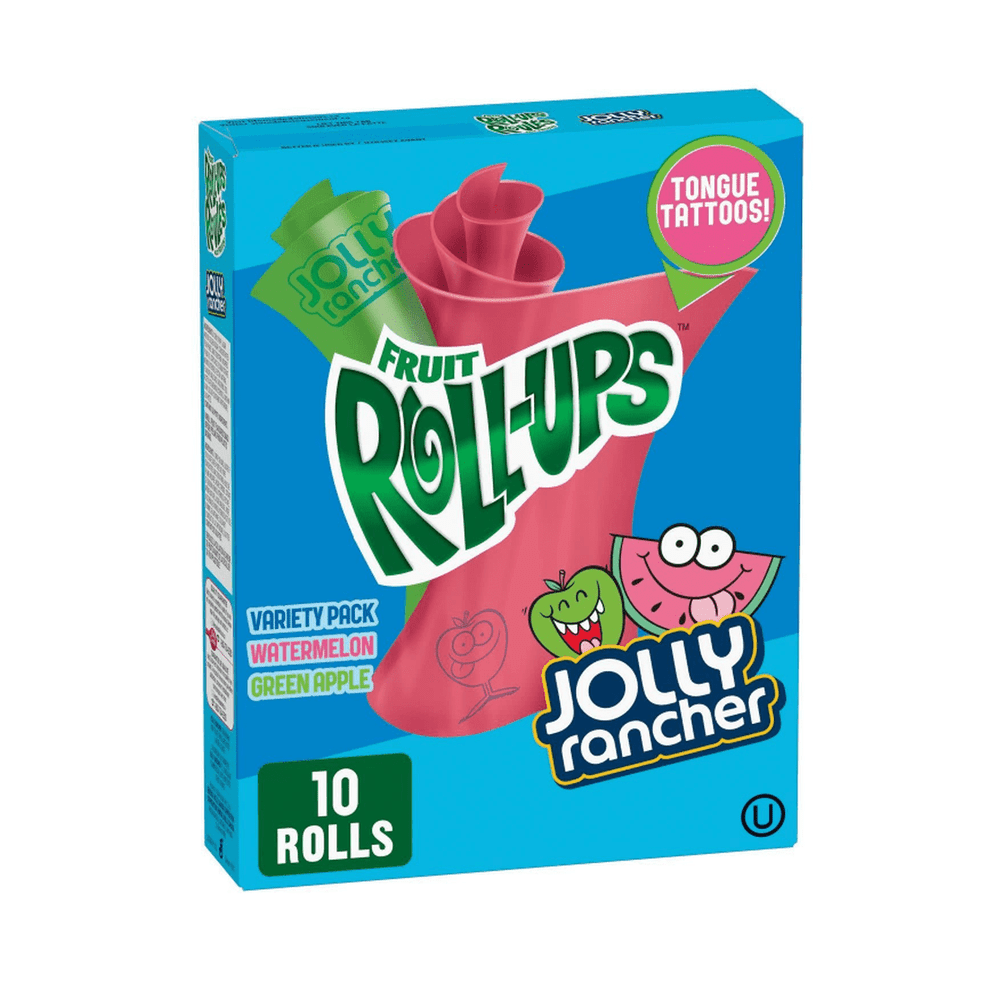 Un paquet bleu sur fond blanc avec 2 bonbons enroulés sur eux-mêmes vert et rose. Sur le coté droit, une pomme qui sourit et une pastèque qui tire la langue