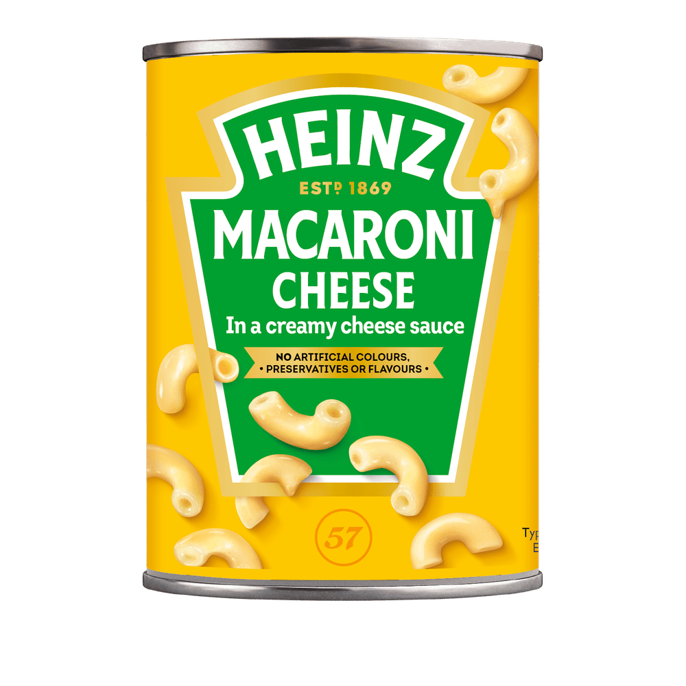Une boite de conserve jaune sur fond blanc avec des macaronis jaunes