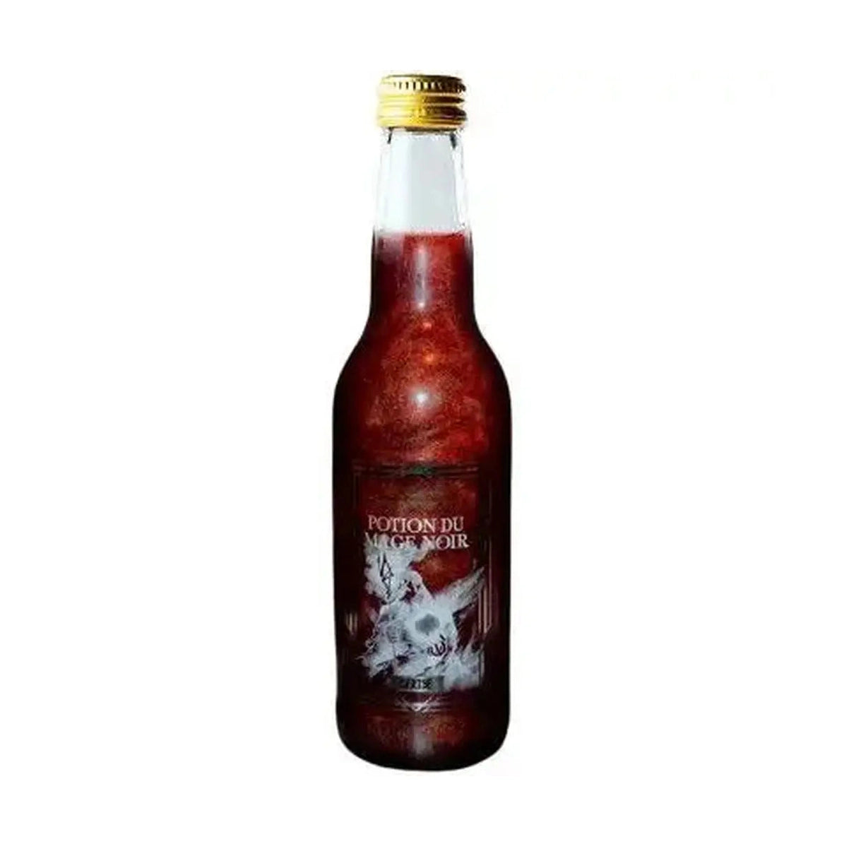 Une bouteille transparente avec une boisson pailletée rouge et sur l’étiquette un sorcier blanc. Le tout sur fond blanc