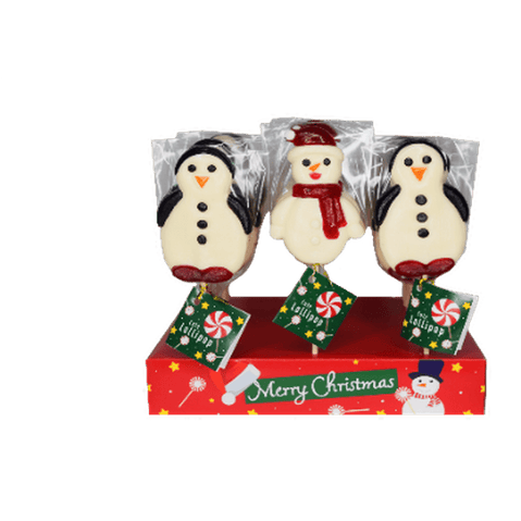 Une sucette en forme de bonhomme de neige au milieu et deux autres de part et d’autre en forme de pingouin sur un fond blanc. Les sucettes tiennent debout sur un carton rouge « Merry Christmas »