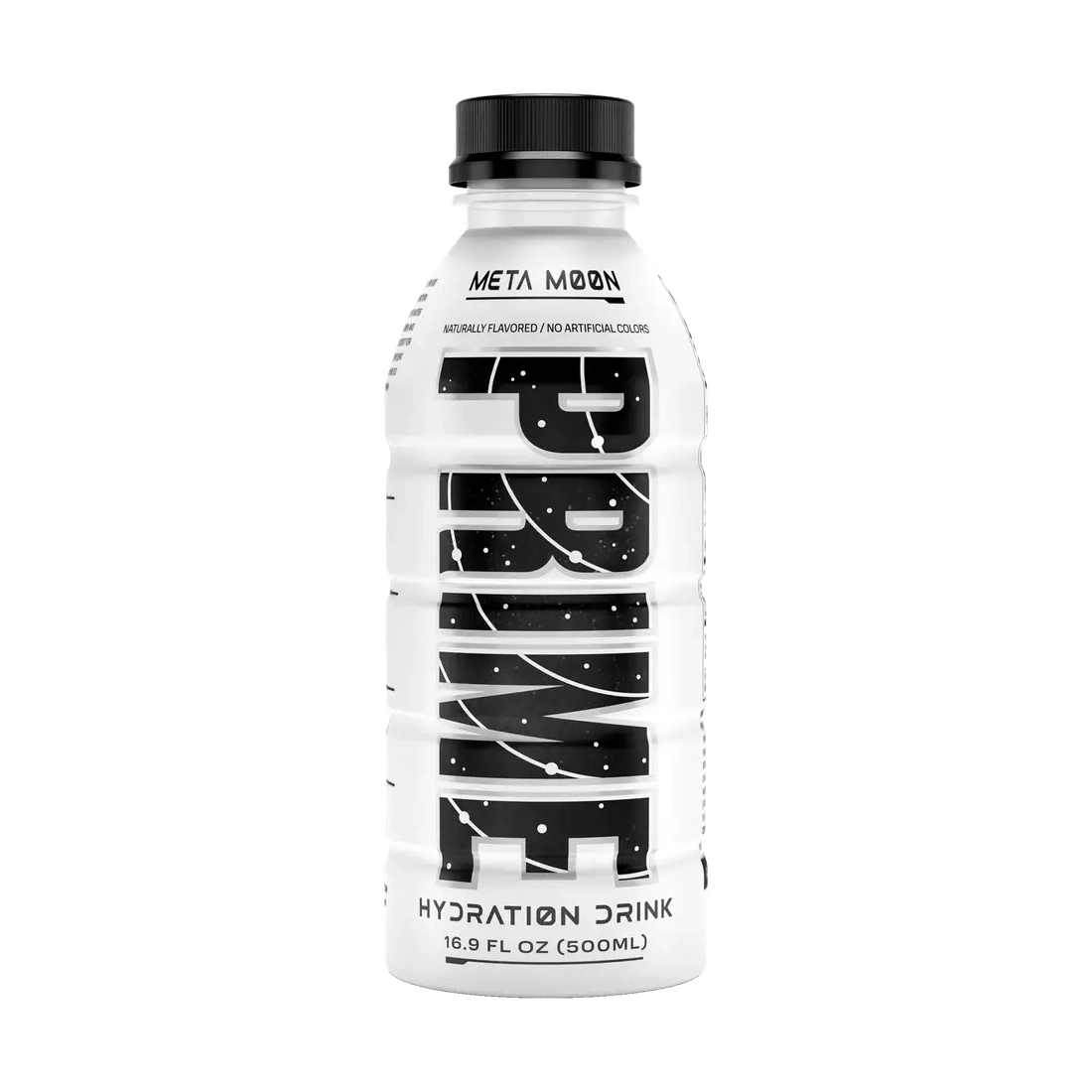 Une bouteille blanche avec un capuchon noir, au centre il est écrit verticalement « Prime » en noir. Le tout sur fond blanc