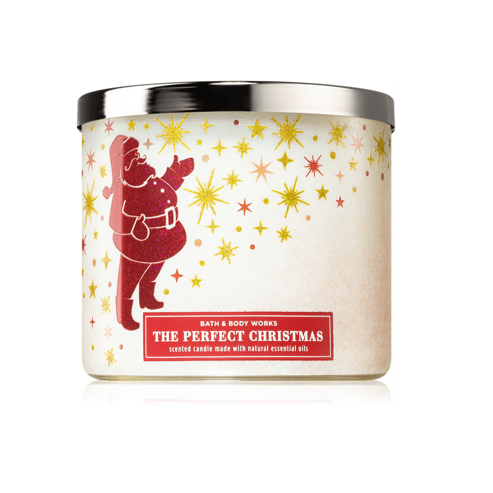 Un contenant en verre blanc avec un père Noël rouge et des étoiles et des boules de neiges dorés. Avec un couvercle argenté et le tout sur fond blanc