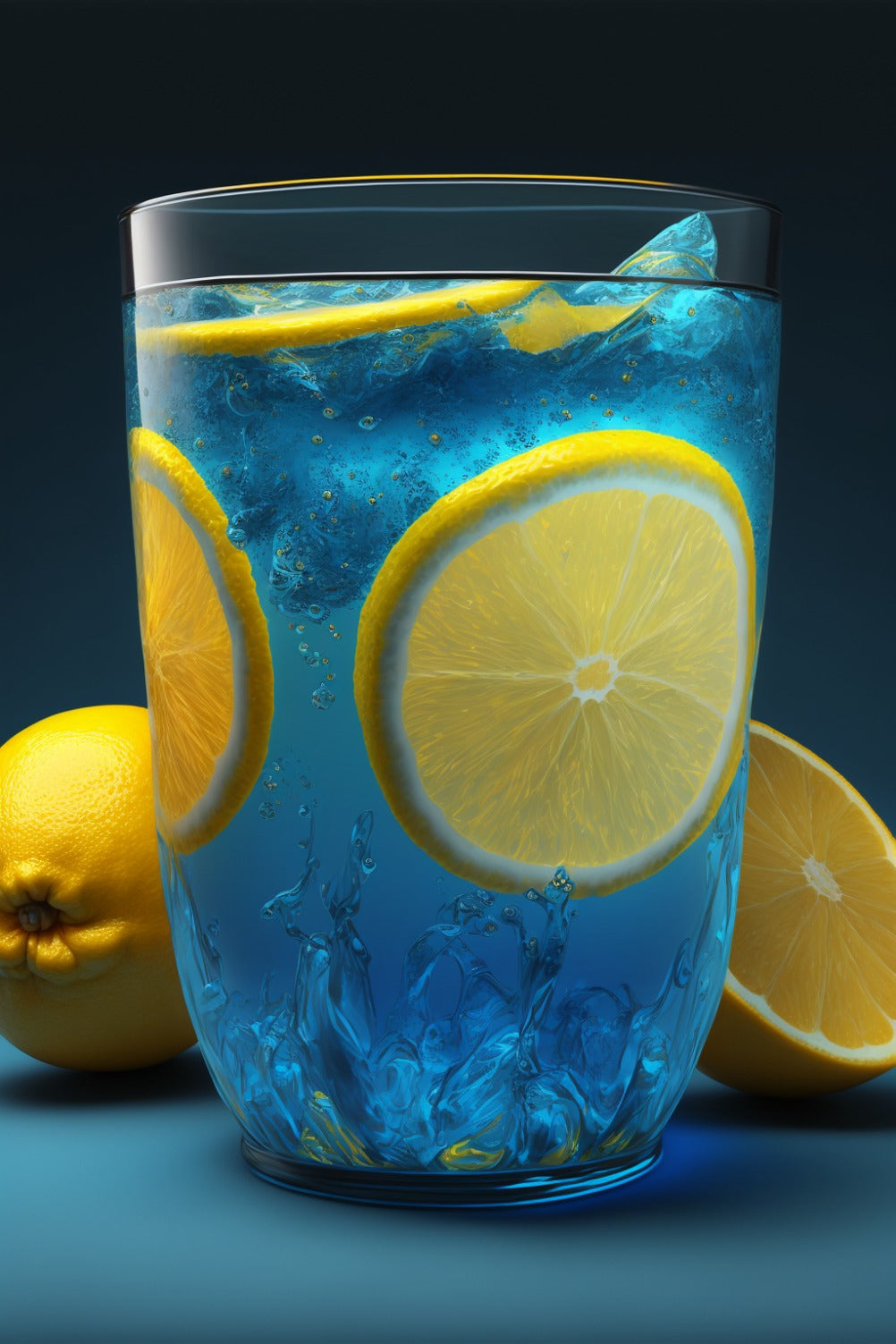Un verre de Calypso ocean blue et 3 tranches de citrons et des galçons, derrière il y a 2 citrons