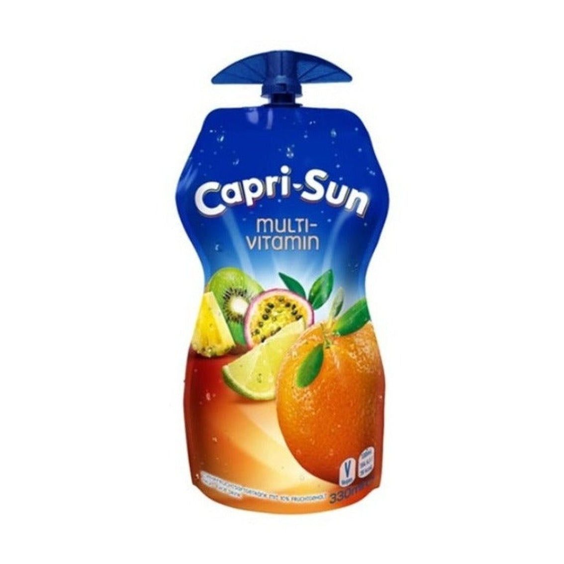 Une bouteille de forme spéciale bleu au-dessus et orange en-dessous avec des des oranges, ananas, citrons verts, kiwis et fruits de la passion. Le tout sur fond blanc