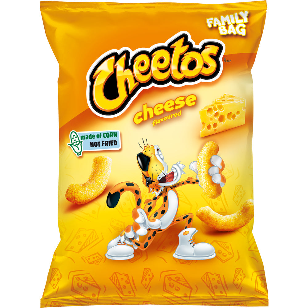 Un paquet orange et jaune avec 3 chips, un fromage et un tigre à lunettes de soleil qui veut manger un chips. Le tout sur un fond blanc