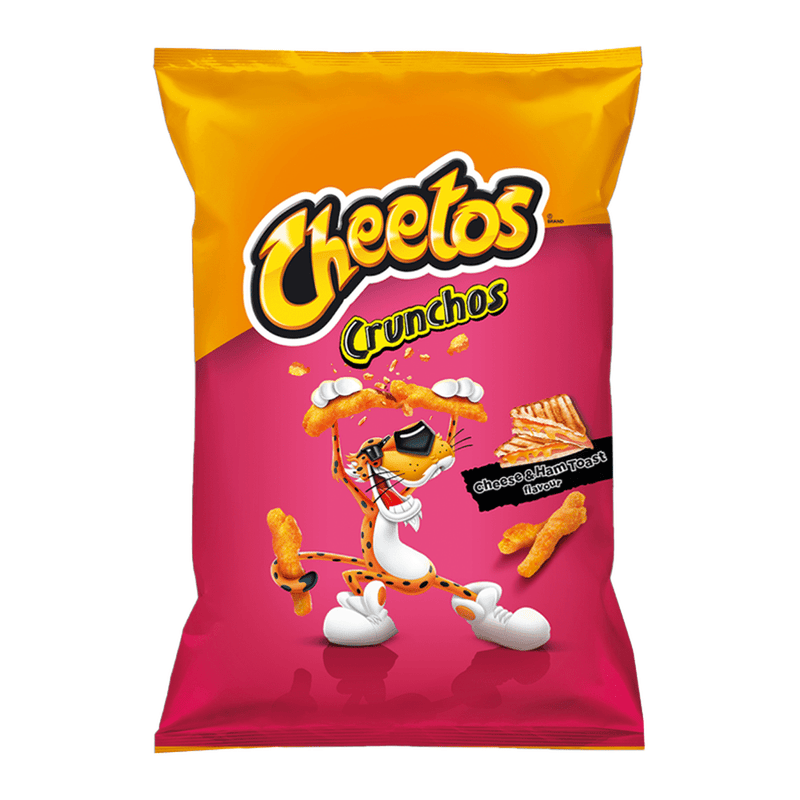 Un paquet orange et rose avec un tigre qui coupe en 2 un chips orange allongé et sur le coté droit un croque-monsieur, le tout sur fond blanc