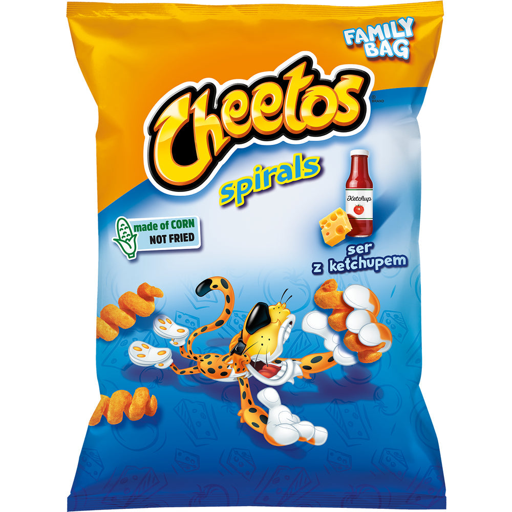 Un paquet orange et bleu avec un tigre qui rattrape des chips oranges en forme de spirale, en haut à droite un forme et du ketchup. Le tout sur fond blanc