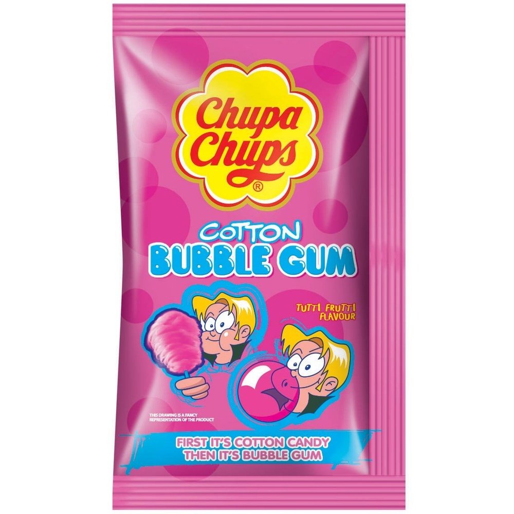 Un emballage rose sur fond blanc avec 1 bonhomme blond qui mange une barbe à papa et puis ça devient un chewing gum et il fait une bulle 
