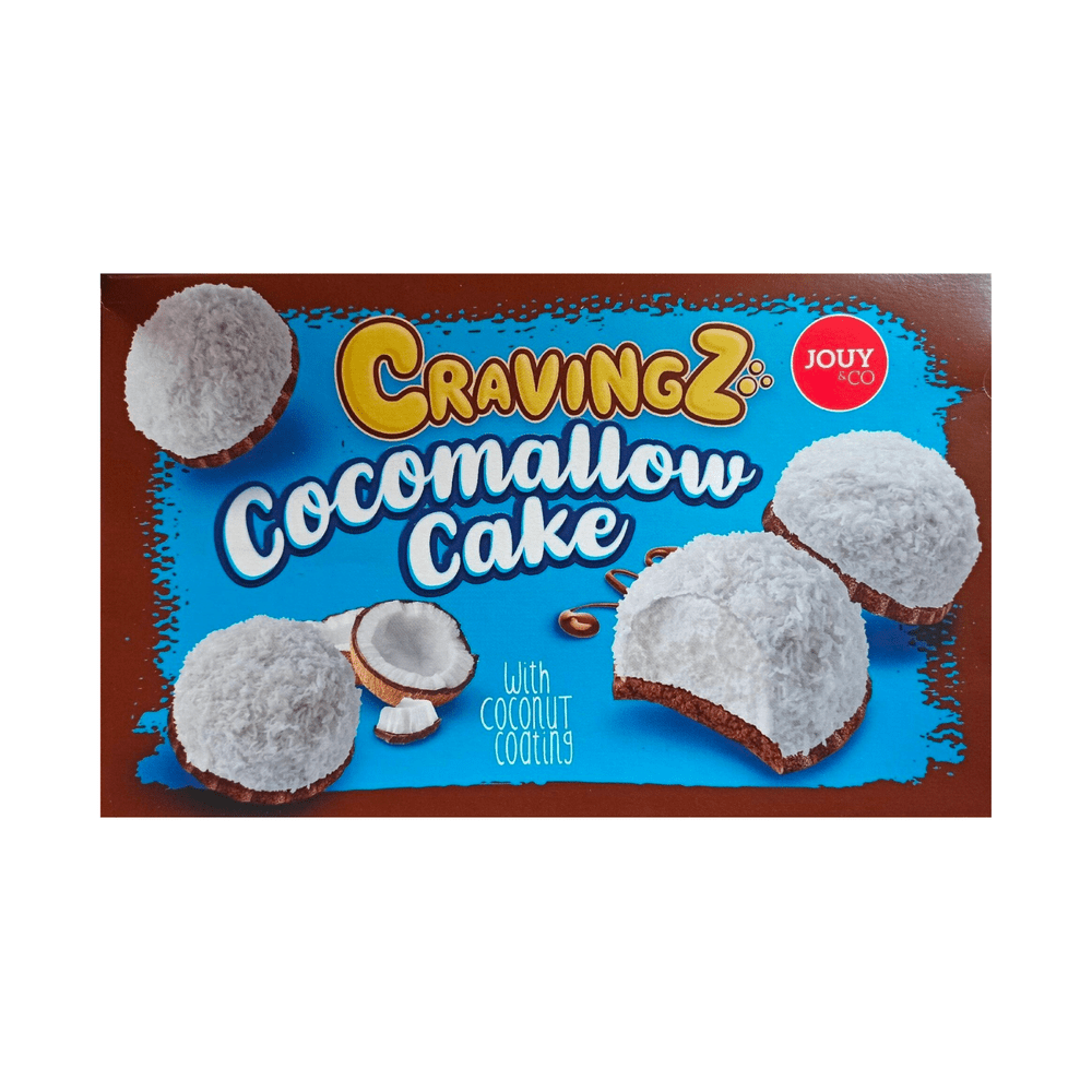 Un carton aux contours marrons et au centre bleu avec une noix de coco, 4 chocolats boules blanches et il y en a un qui est ouvert, on y voit un marshmallow blanc à l’intérieur. Le tout sur fond blanc