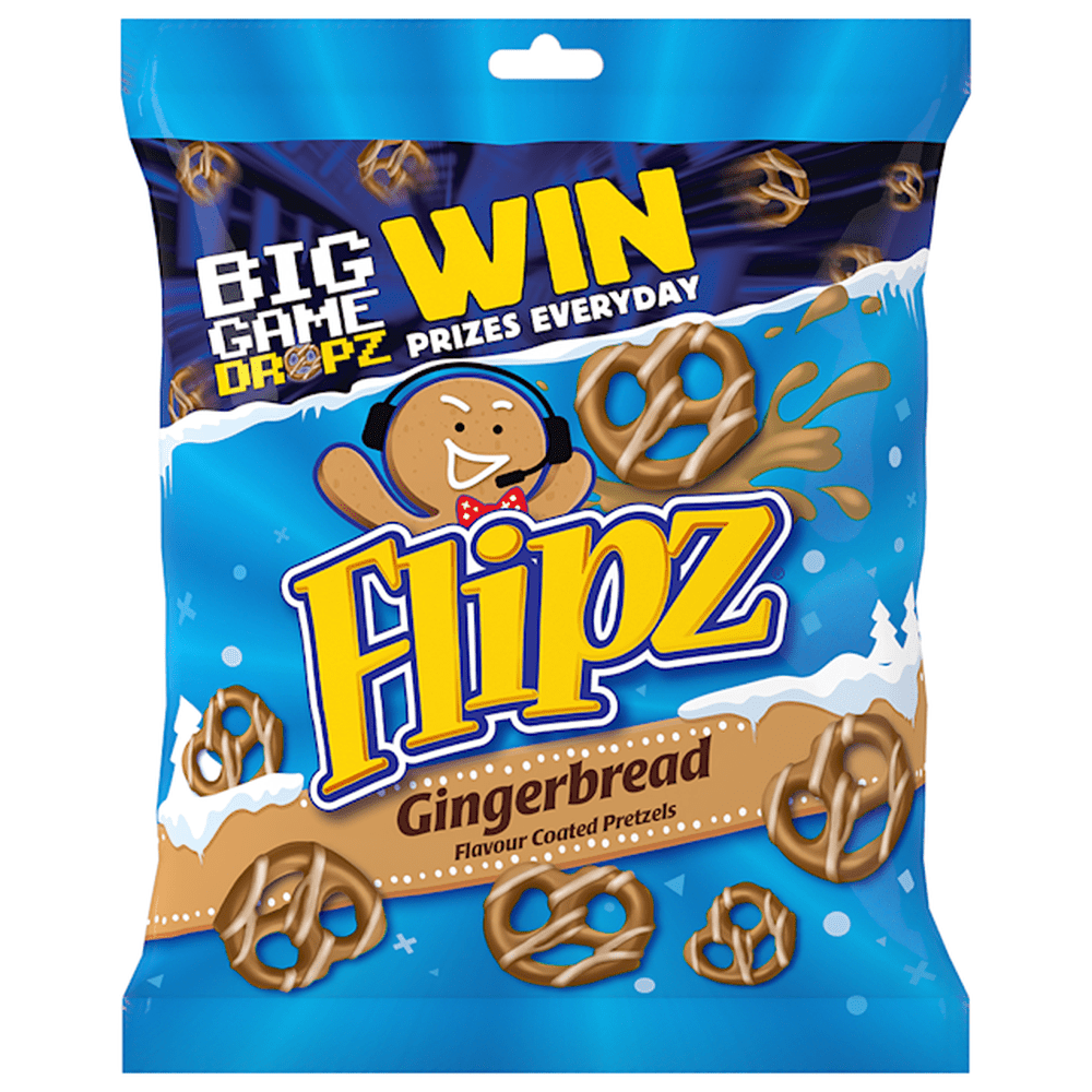 Un emballage bleu sur fond blanc, avec 6 petits bretzels enrobés d’un glaçage dont un en haut à gauche avec un éclaboussement de ce glaçage. Il y a de le neige un peu partout et un biscuit en pain d’épices qui a un casque de musique noir