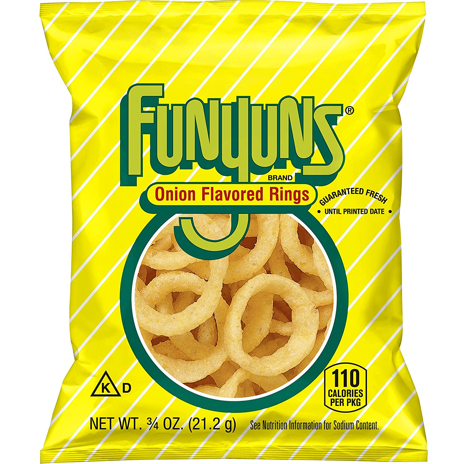 Un emballage jaune avec des rayures blanches sur fond blanc avec au centre une partie transparente qui dévoile des chips orange en forme de fines auréoles