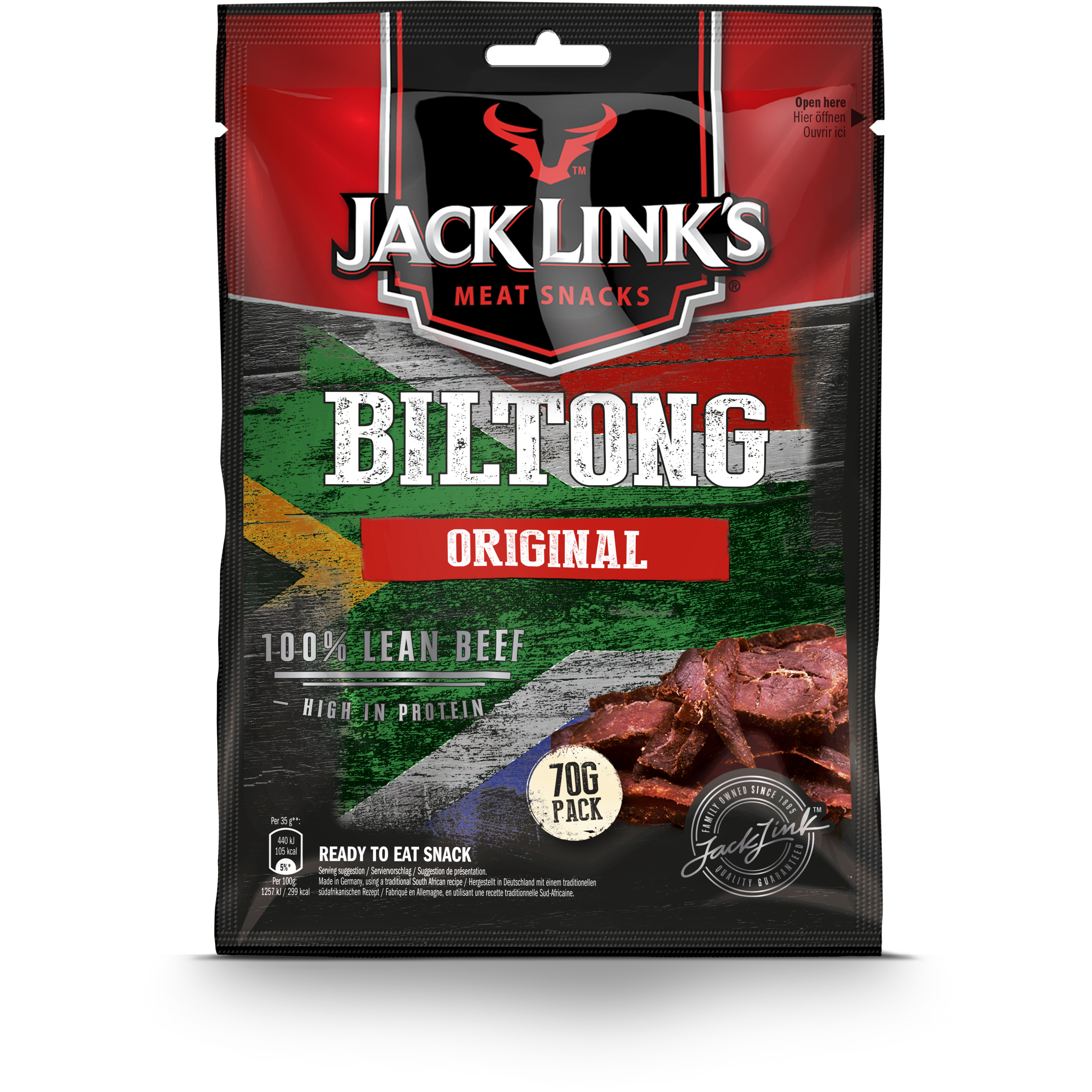 Un emballage noir et rouge avec en fond le drapeau de l’Afrique du Sud et à droite des morceaux de viande séchée, le tout sur fond blanc