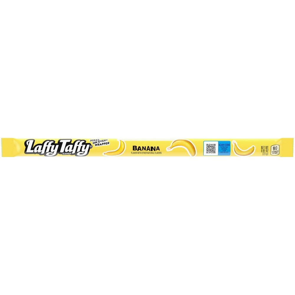 Un emballage jaune en forme de long bâtonnet avec 3 bananes, le tout sur fond blanc