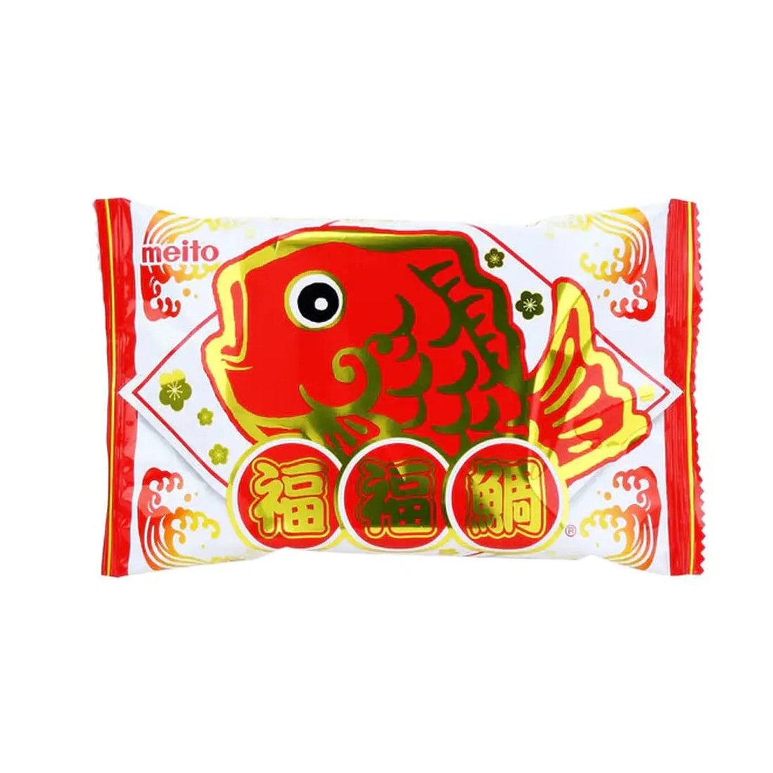 Un emballage blanc et rouge avec un biscuit en forme de poissons rouges, le tout sur fond blanc