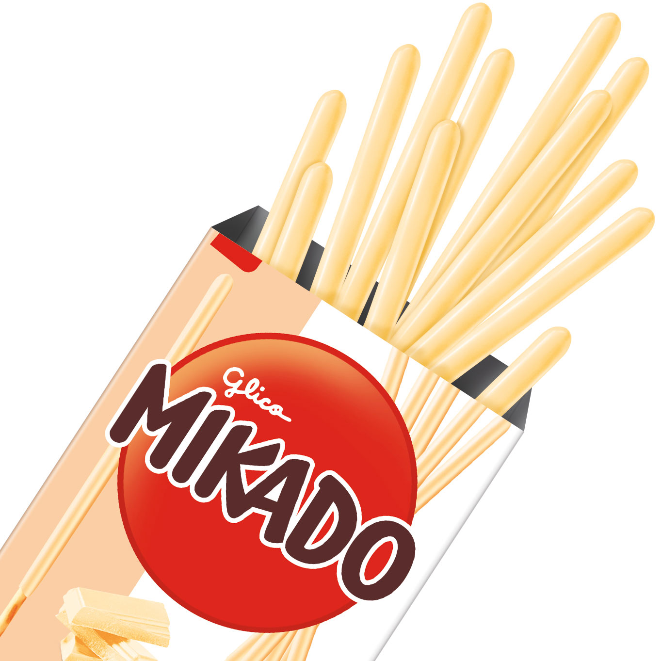 Un emballage beige et blanc sur fond blanc, au centre un rond rouge Mikado et derrière des biscuits en bâtonnet au chocolat blanc et plusieurs bâtonnets qui sortent du paquet