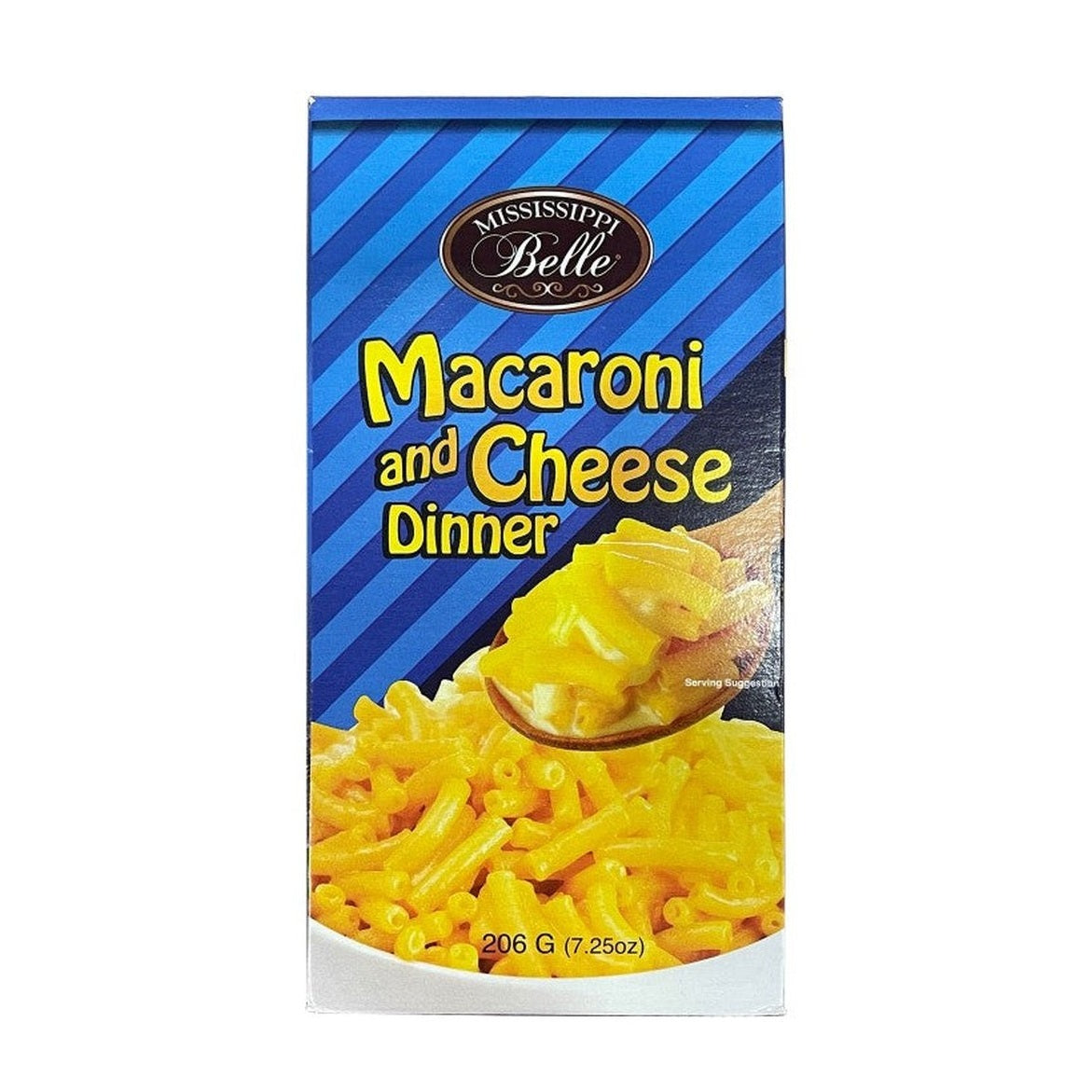 Un carton bleu avec un bol blanc rempli de macaroni jaune avec une cuillère en bois, le tout sur fond blanc