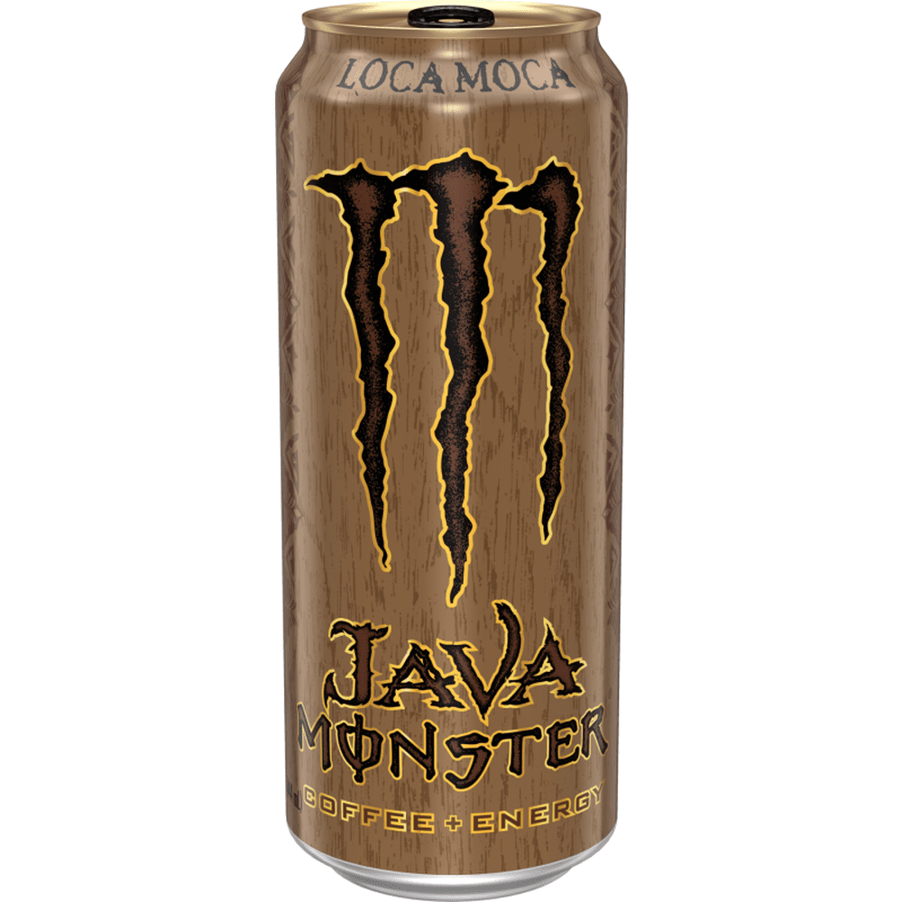 Une grande canette brune avec au centre le logo marron de Monster, un grand M. Le tout sur fond blanc