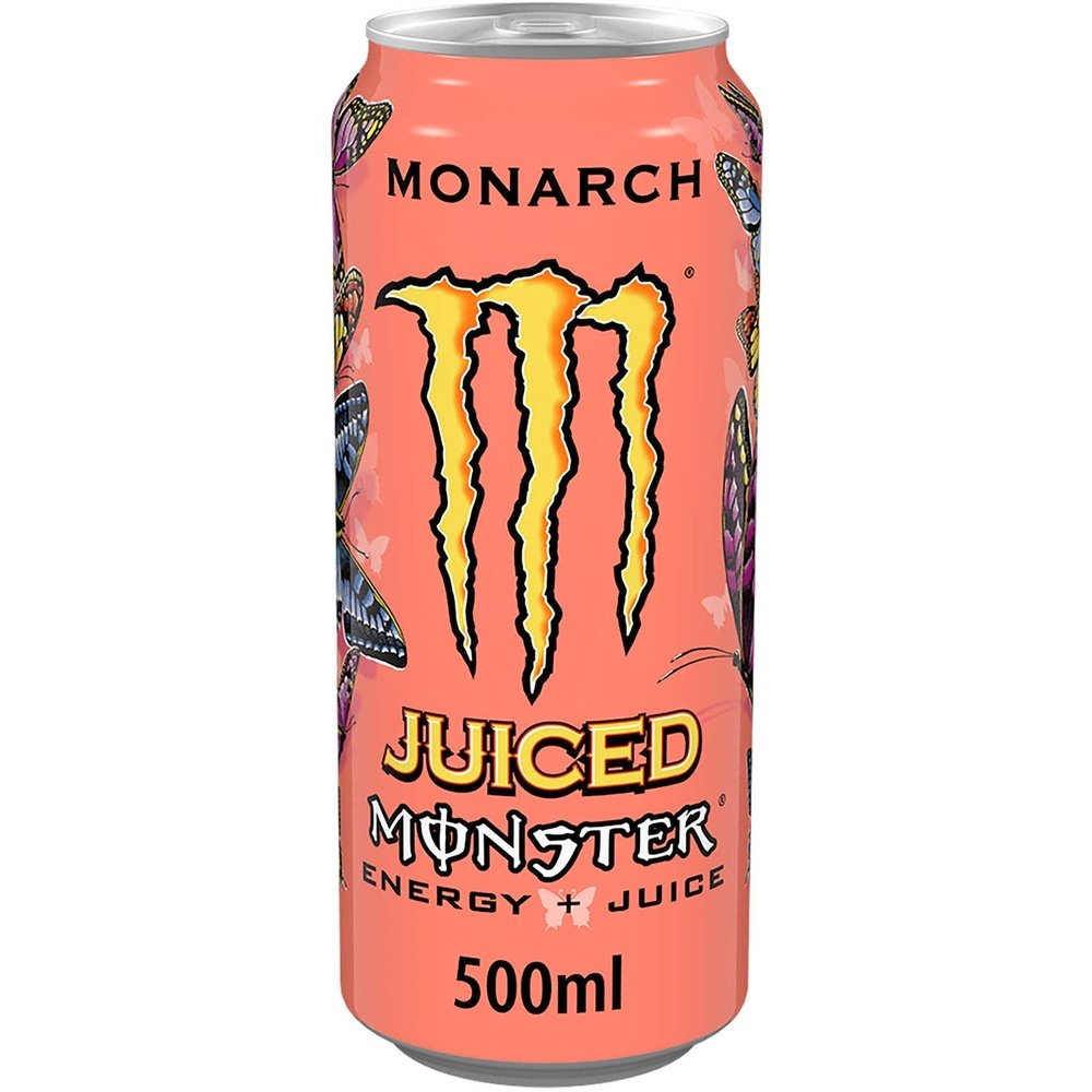 Une canette couleur pêche sur fond blanc avec au centre le logo jaune de Monster, un grand M. Sur les côtés des papillons de couleurs différentes ; jaune, rose, bleu 