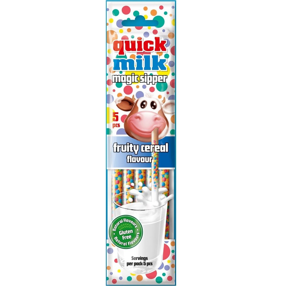 Un emballage rectangulaire blanc avec des ronds colorés sur fond blanc avec une vache qui une paille dans la bouche. Cette paille à des billes multicolores et est dans un verre de lait 