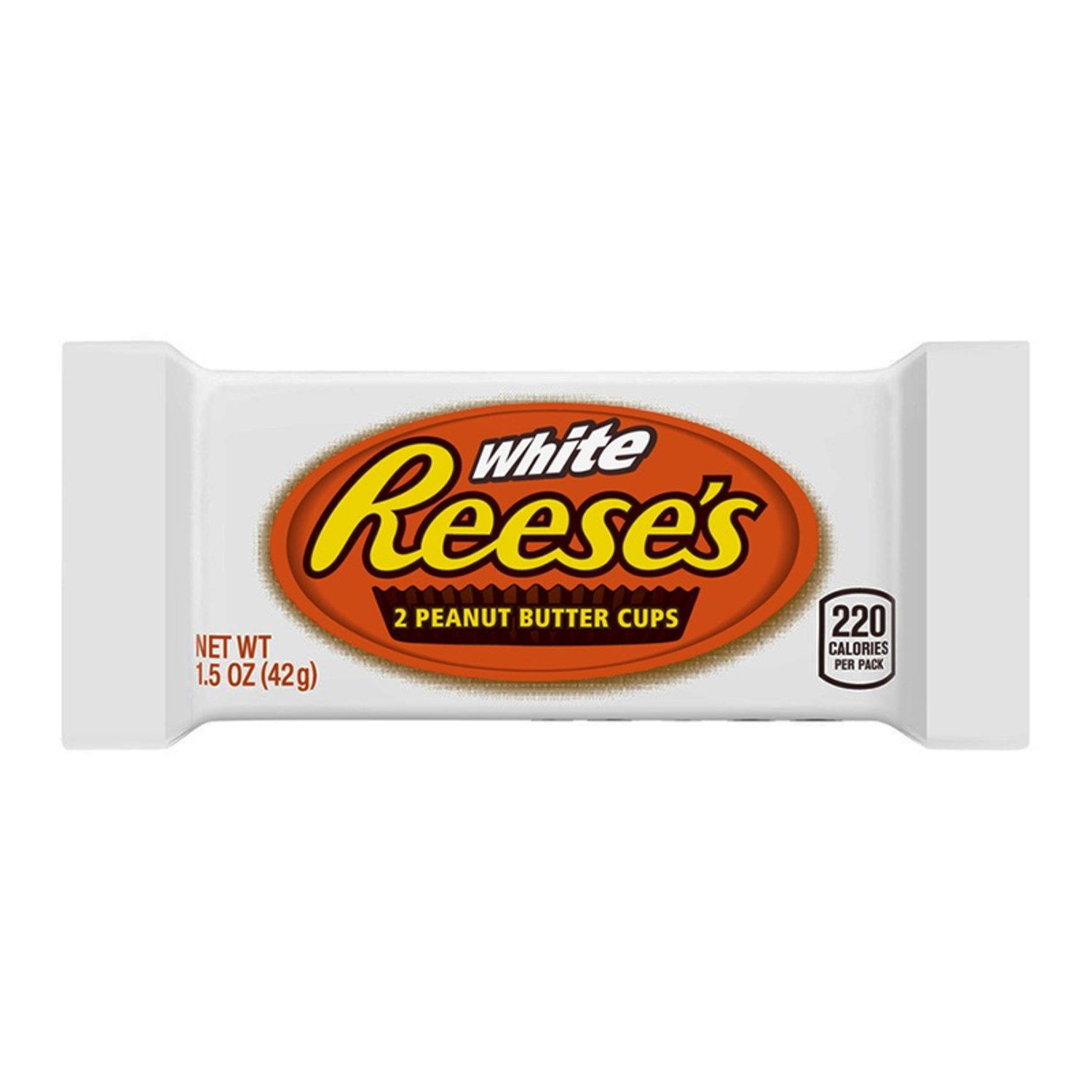 Un emballage blanc avec au centre un ovale orange où il est écrit « Reese’s » en jaune, le tout sur fond blanc