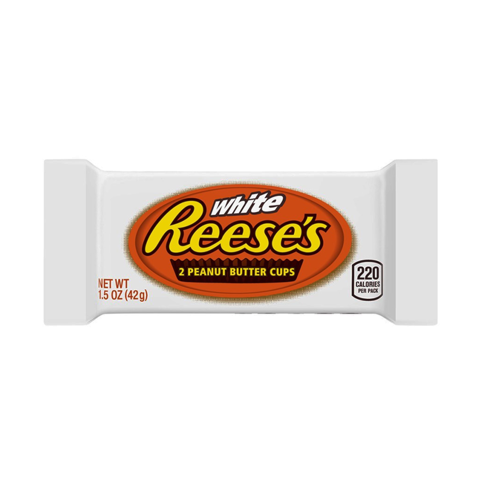 Un emballage blanc avec au centre un ovale orange où il est écrit « Reese’s » en jaune, le tout sur fond blanc
