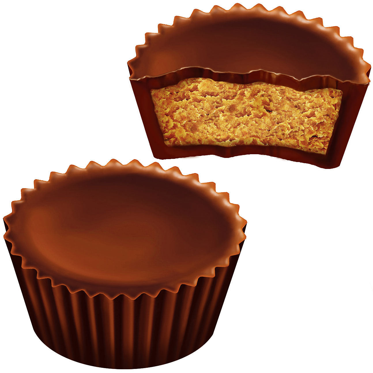 2 chocolats en forme de cup dont un en bas/gauche et l’autre en haut/droite. Celui du dessus est croqué et on y voit une pâte brune claire. Le tout sur fond blanc