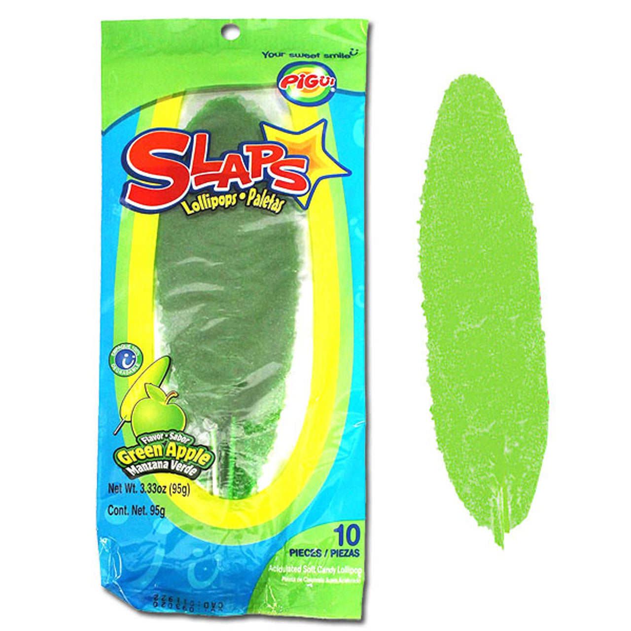 Un emballage bleu et vert avec une partie transparente où ont voit une sucette verte aplatie, le tout sur fond blanc. Et à droite la sucette sans emballage