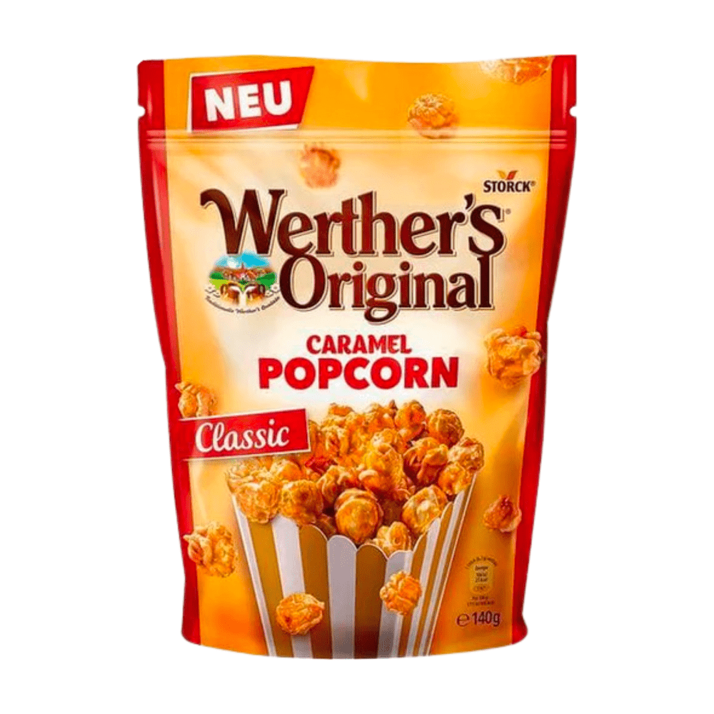 Un emballage de couleur orange et aux extrémités rouge, avec un paquet de popcorn au caramel. Sur le côté gauche, il y une étiquette « Classic » le tout sur fond blanc