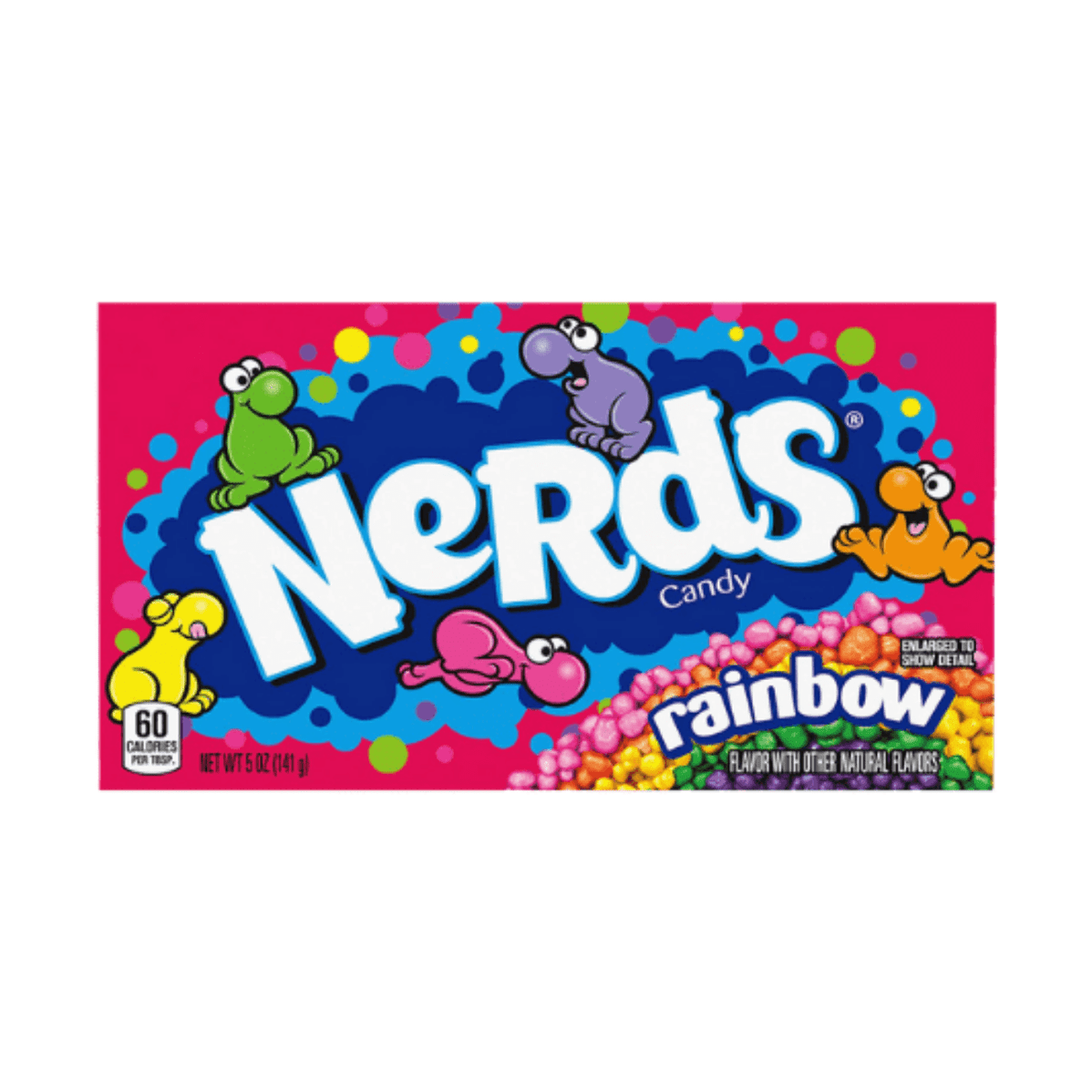 Un emballage rose sur fond blanc avec des bonhommes Nerds de toutes les couleurs et au milieu il est écrit Nerds entourés d’un nuage de bleu foncé et bleu clair